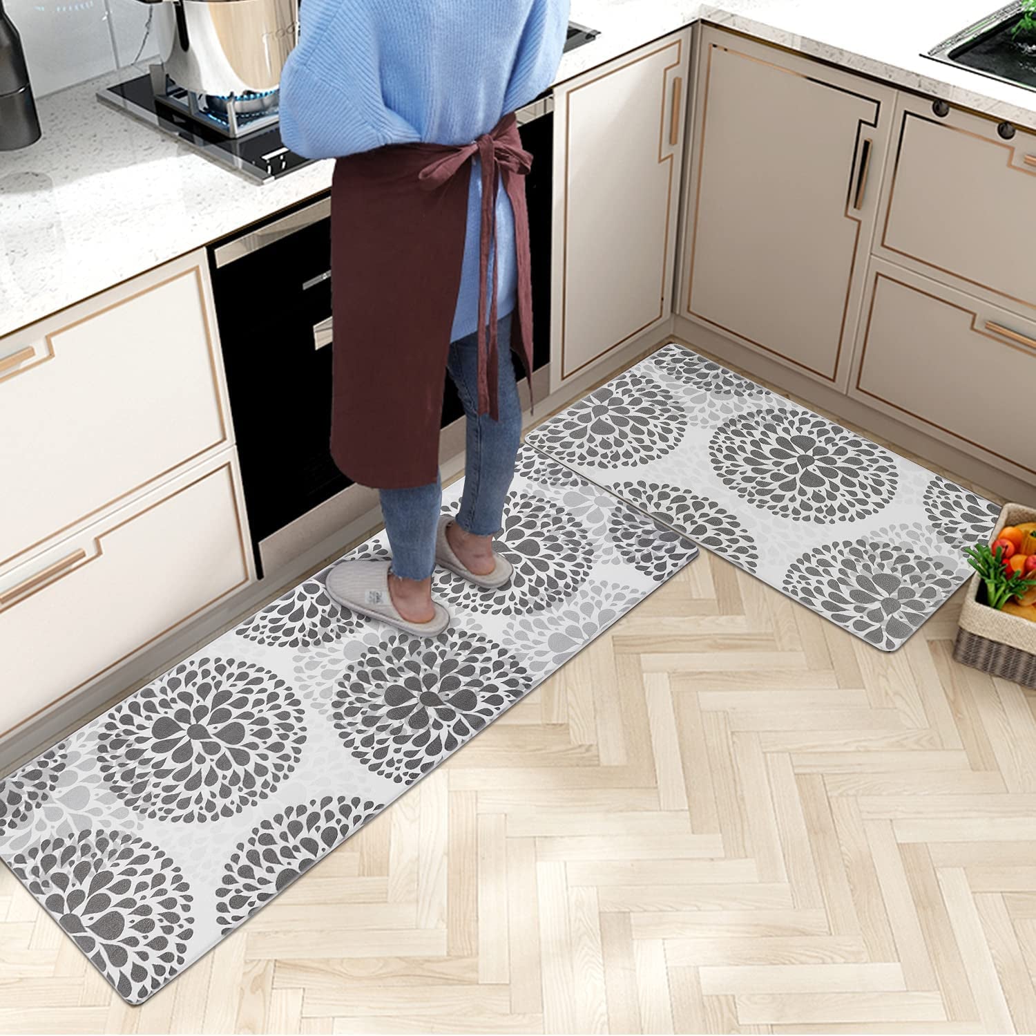 Kitchen Rugs Set anti Fatigue Kitchen Floor Mat Easy to Clean 2Piece Non Slip Comfort PVC Leather Heavy Duty Standing Mats Indoor Outdoor (Grey Drop)