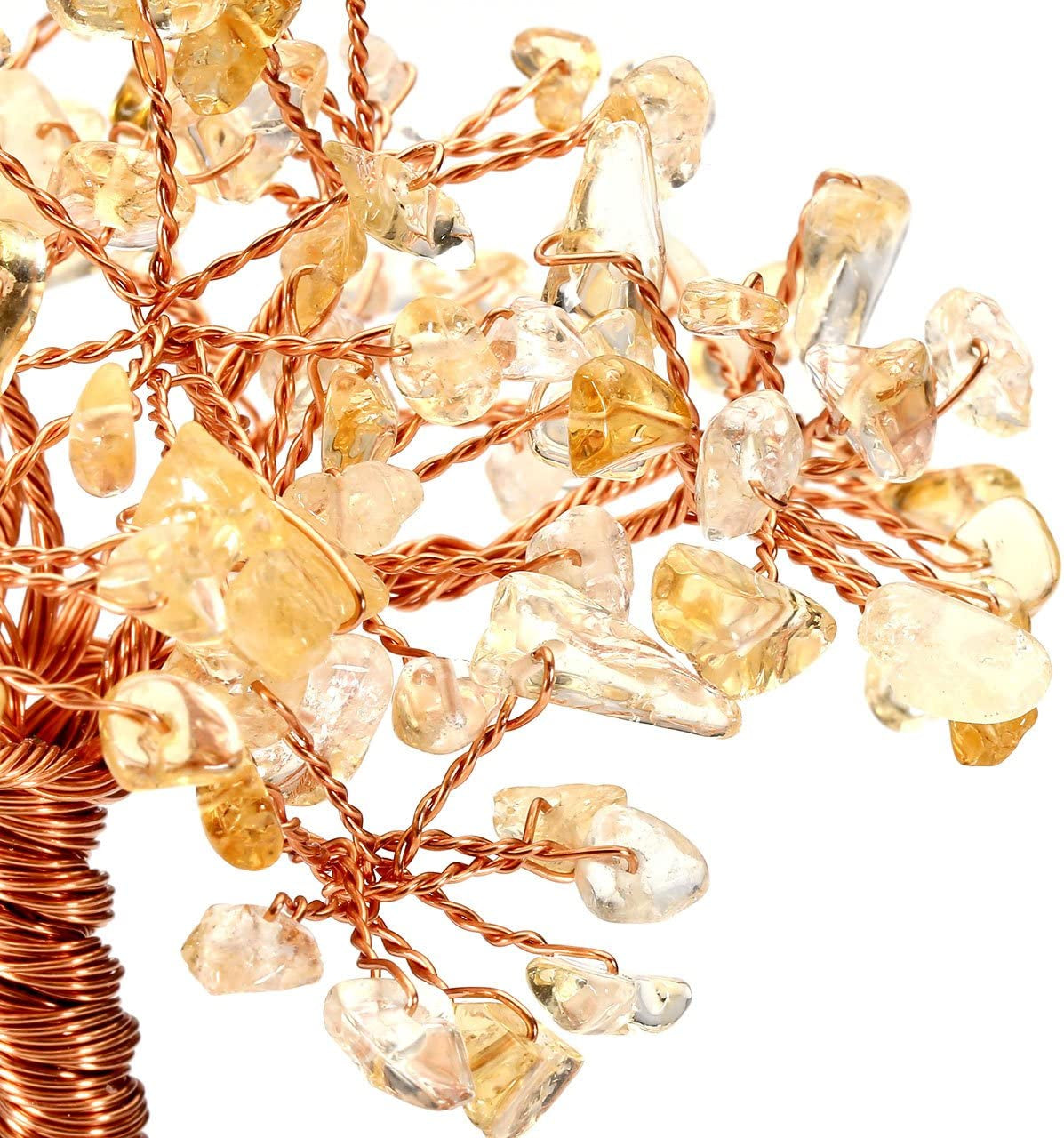 Chakra Healing Yellow Crystals Copper Tree of Life Wrapped on Natural Clear Quartz Crystal Base Feng Shui Luck Figurine Decoration