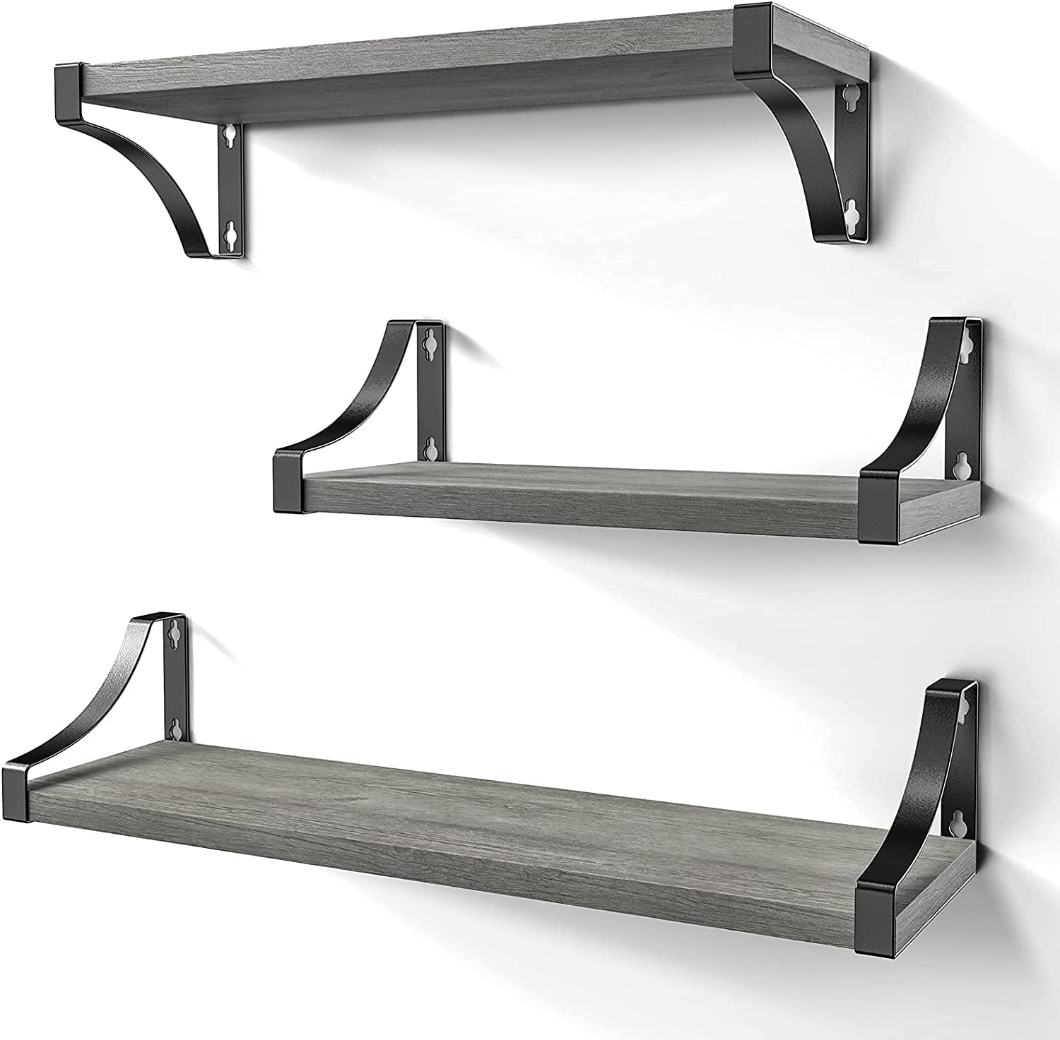 Floating Shelves Wall Mounted Set of 3, Rustic Wood Wall Shelves for Bedroom, Bathroom, Living Room, Kitchen, Laundry Room Storage & Decoration, Gray