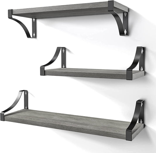 Floating Shelves Wall Mounted Set of 3, Rustic Wood Wall Shelves for Bedroom, Bathroom, Living Room, Kitchen, Laundry Room Storage & Decoration, Gray