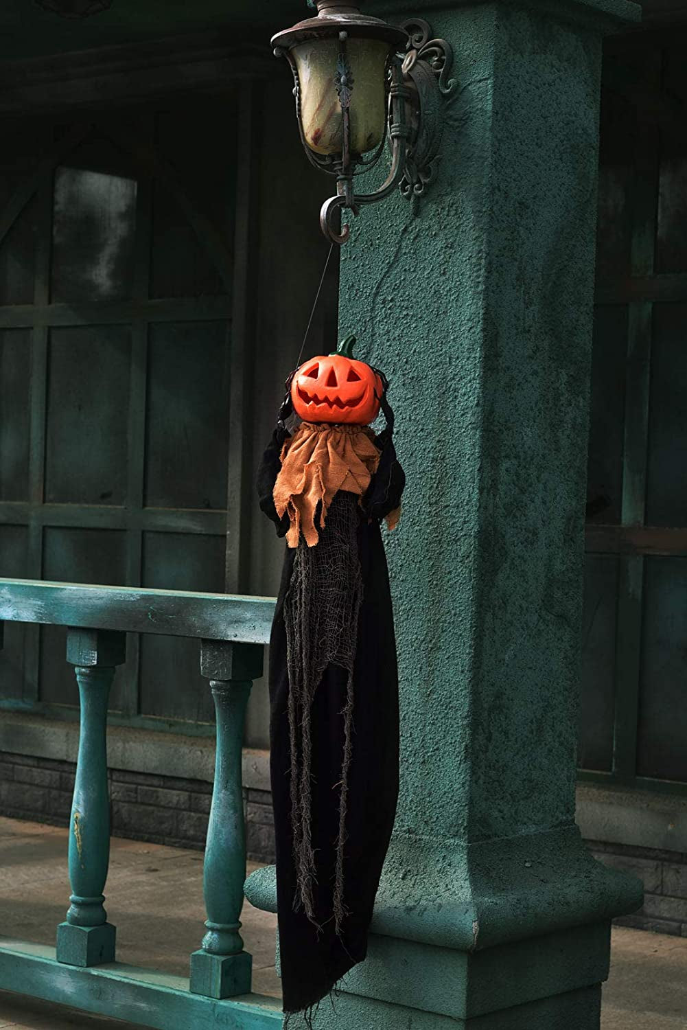47.2" Halloween Hanging Pumpkin Ghost Animated Halloween Decorations with Sound & Light, Scary Creepy Spooky Props for Halloween Décor Outdoor, Haunted House