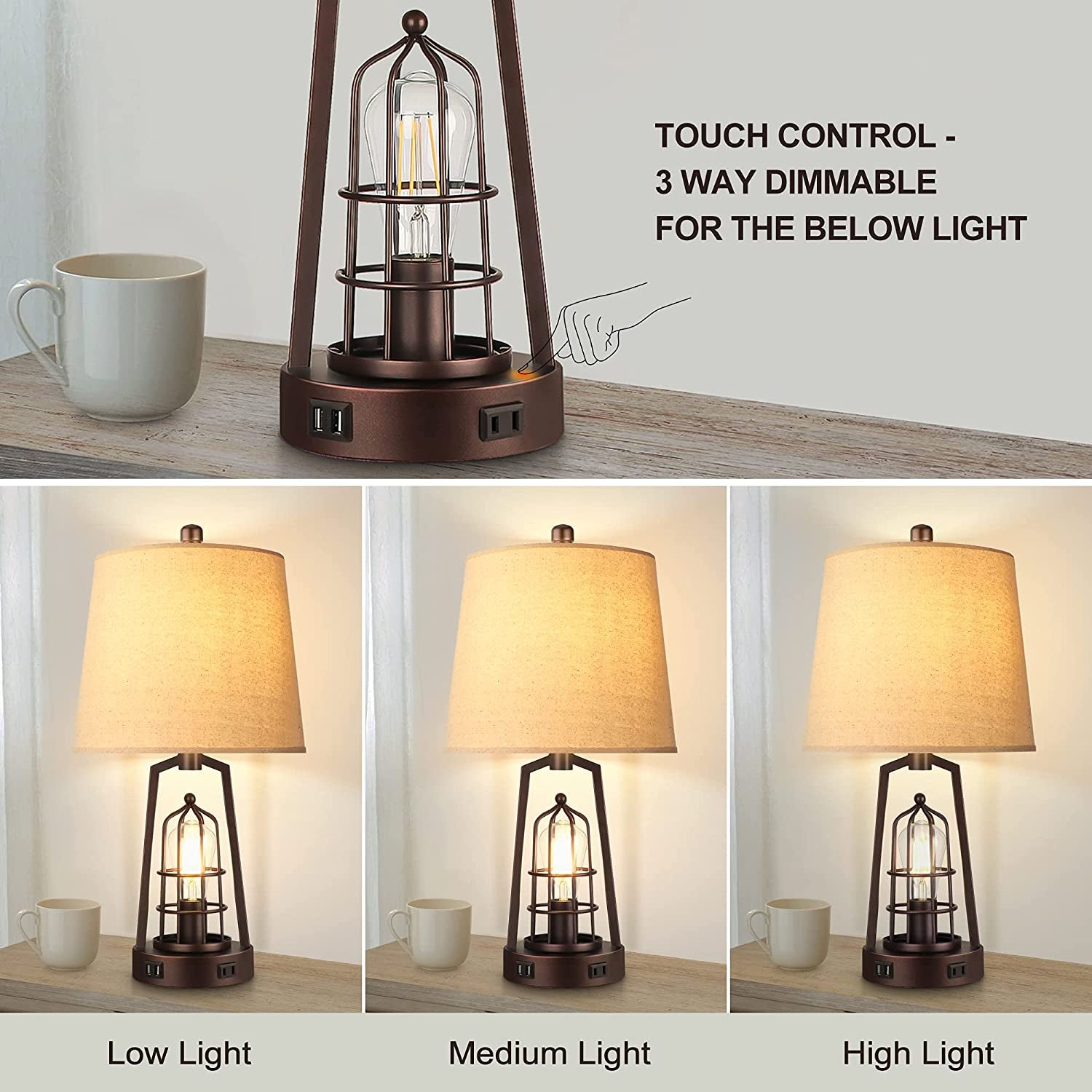 Set of 2 Farmhouse Table Lamps with USB Ports, 3-Way Dimmable Bedside Touch Lamp, Bedroom Nightstand Lamp with AC Outlet, Rustic Industrial Desk Lamps for Living Room Reading, Bulbs Included