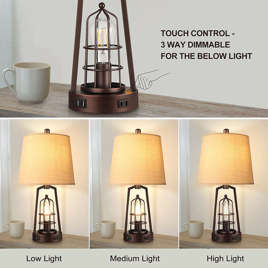 Set of 2 Farmhouse Table Lamps with USB Ports, 3-Way Dimmable Bedside Touch Lamp, Bedroom Nightstand Lamp with AC Outlet, Rustic Industrial Desk Lamps for Living Room Reading, Bulbs Included