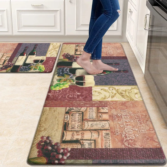 Kitchen Mat Set of 2 Cushioned anti Fatigue Mat, Wine Print Cushioned Kitchen Rug 18"X59"+18"X30", Waterproof Non Slip Comfort Kitchen Mats for Floor, Memory Foam Kitchen Rugs and Mats