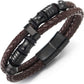 Mens Double-Row Braided Leather Bracelet Bangle Wristband with Stainless Steel Ornaments