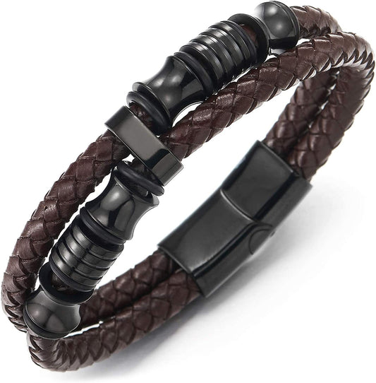 Mens Double-Row Braided Leather Bracelet Bangle Wristband with Stainless Steel Ornaments