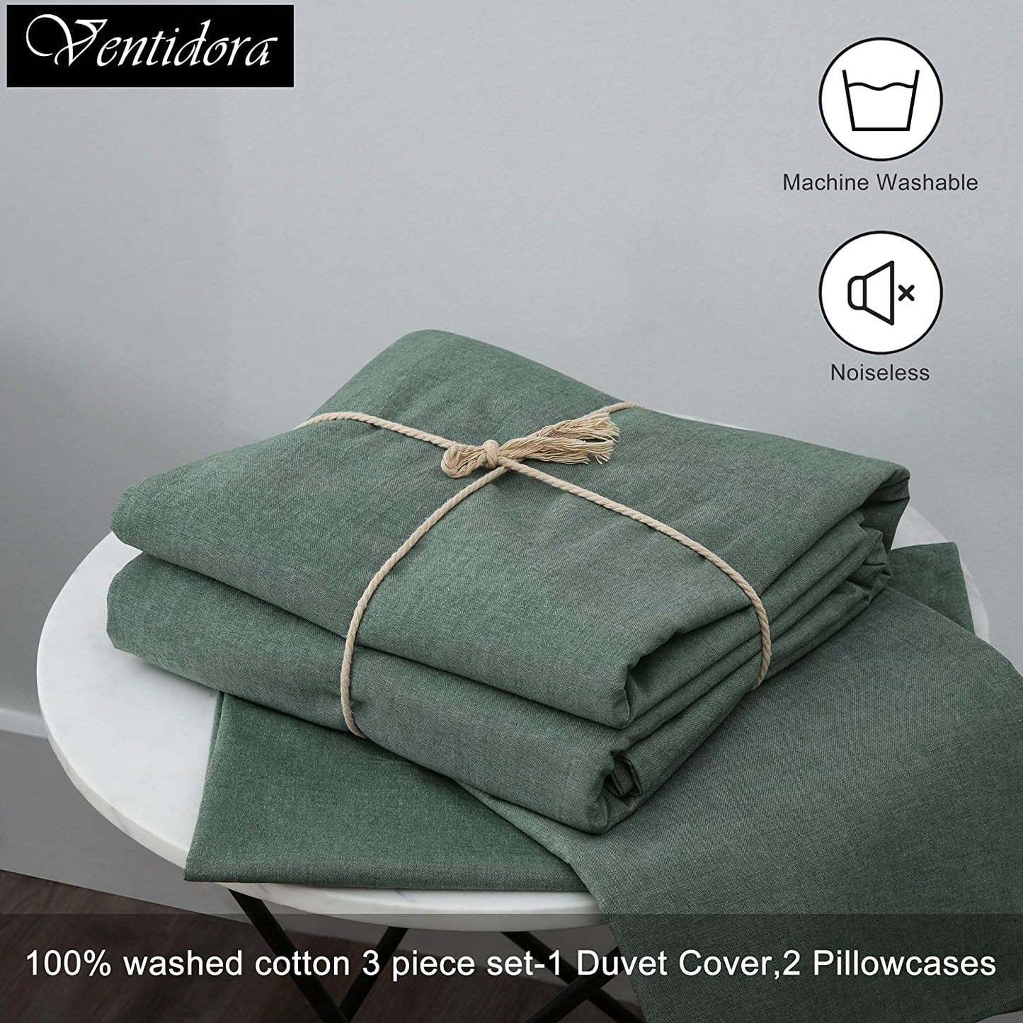 Ventidora Duvet Cover Set 100% Washed Cotton Linen-Like Texture 3 Piece Bedding Set Queen Size ,1200 Thread Count Luxury Soft and Comfortable,With Corner Ties(1 Duvet Cover+2 Pillowcases)