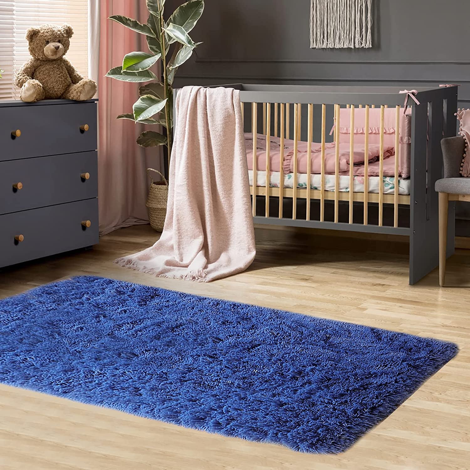 Navy Blue Fluffy Area Rug, Shaggy Rugs for Bedroom 3X5, Soft Fuzzy Rugs Plush Living Room Carpet, Furry Bedside Rug for Kids Room, Shag Rug for Baby Girl Nursery Décor