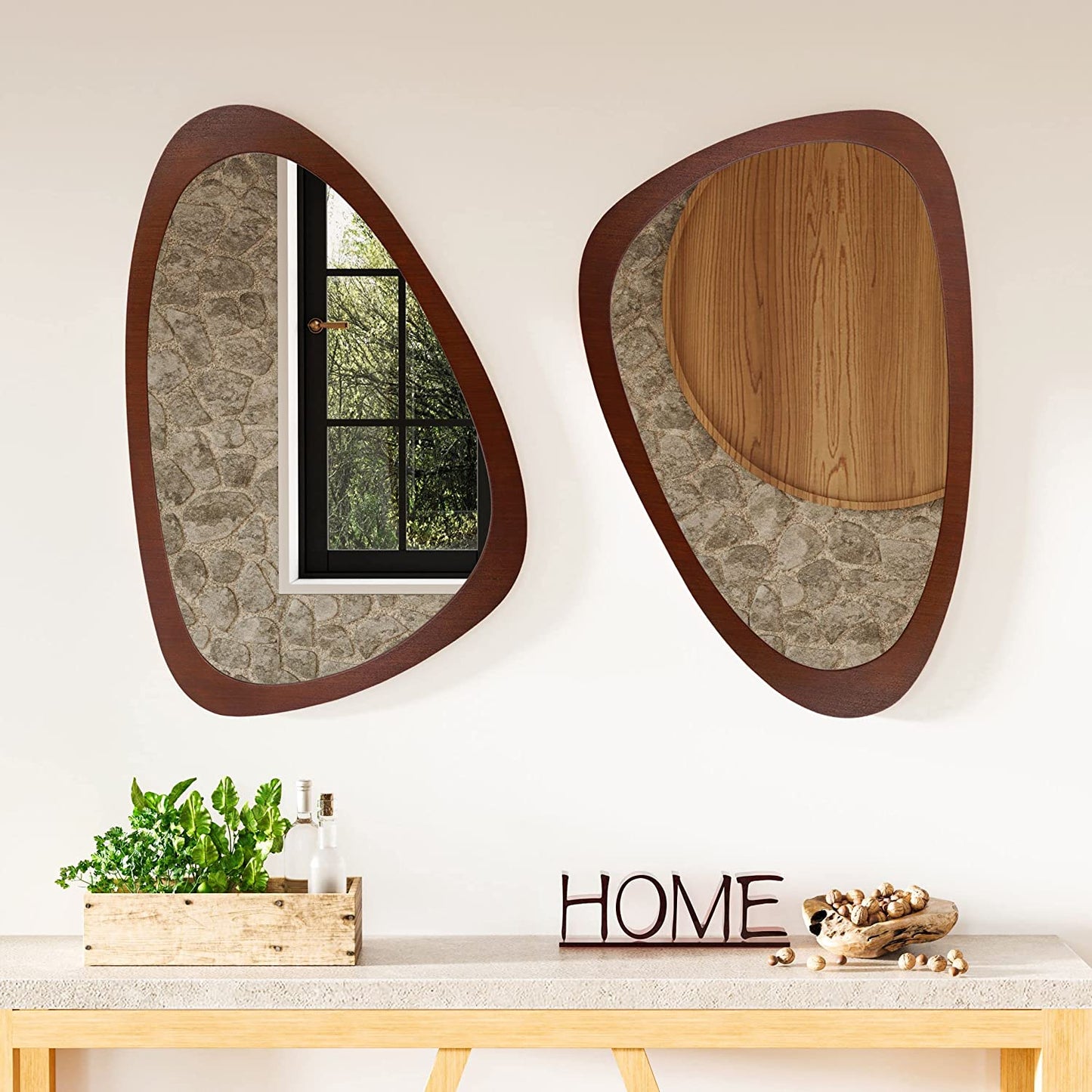 Irregular Wall Mirror 30"X20" Wall-Mounted Mirror with MDF Frame, Large Asymmetrical Mirrors for Wall Irregular Mirror for Bathroom Bedroom Entryway, Dark Walnut