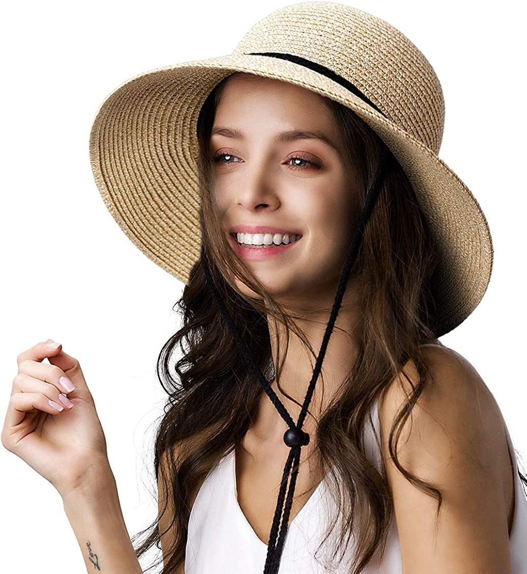 FURTALK Womens Wide Brim Sun Hat with Wind Lanyard UPF Summer Straw Sun Hats for Women