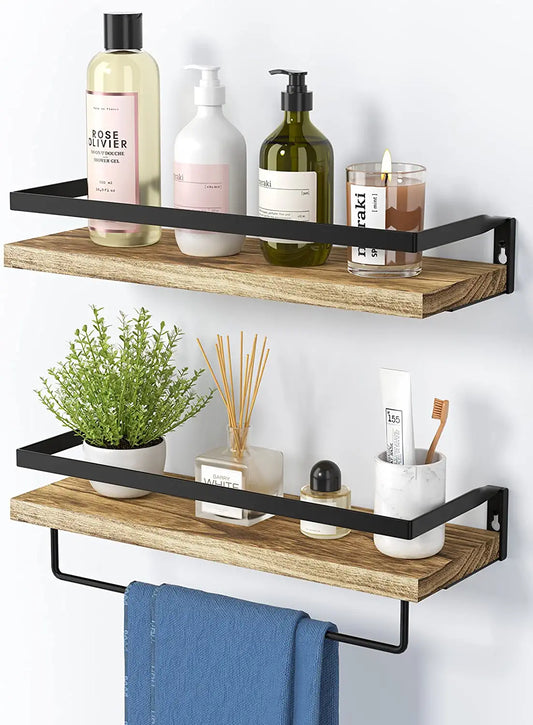 Floating Shelves, Bathroom Shelf with Towel Bar, Wall Shelves for Bathroom/Living Room/Kitchen/Bedroom, Light Brown Shelves Set of 2 - AMFS01
