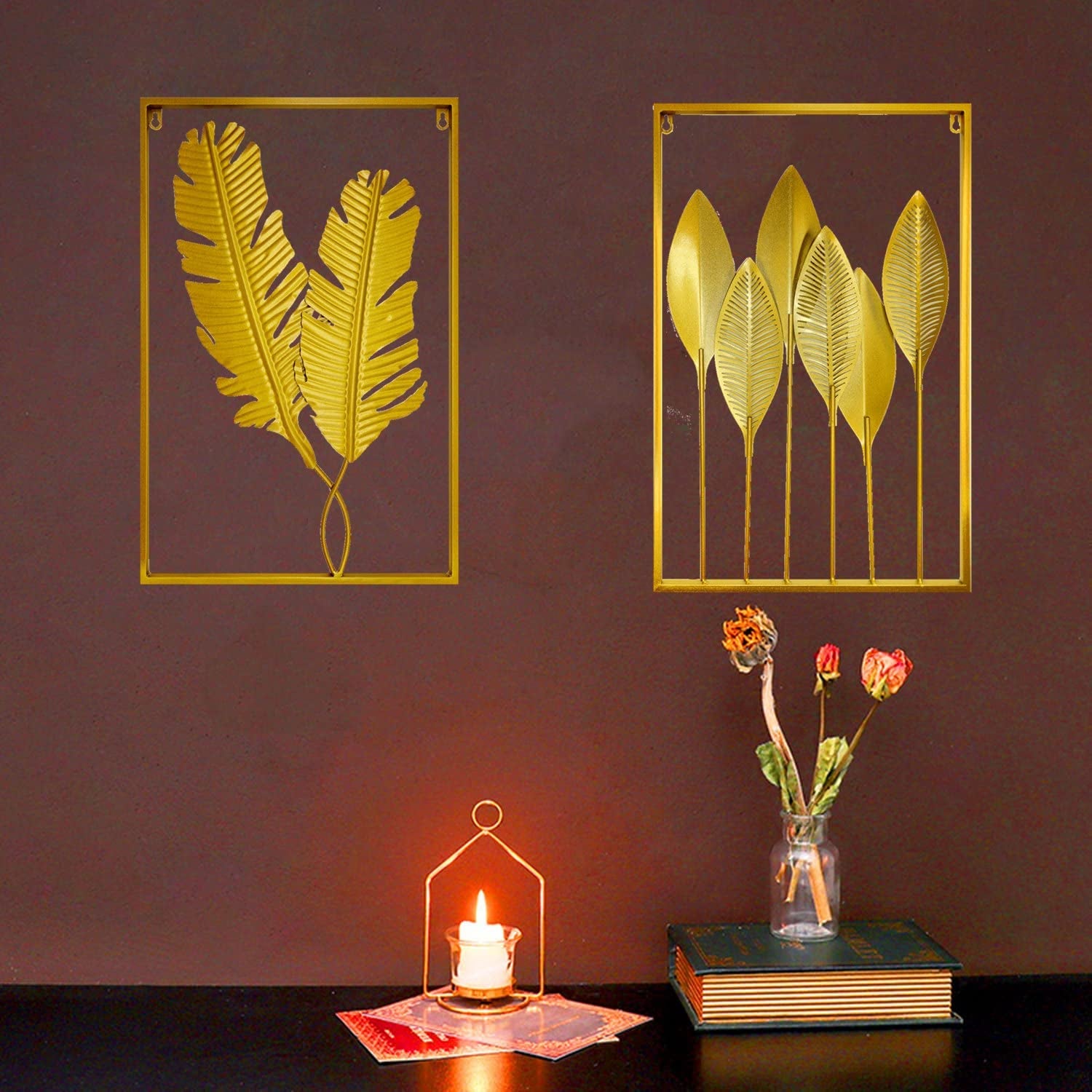 Gold Leaf Wall Decor 2 Piece Art Golden Metal Leaves Home Decorations Living Room Large Hangings Cutout Sculptures Accent Two Decorative Bathroom Modern Bedroom Iron over Couch (2P)