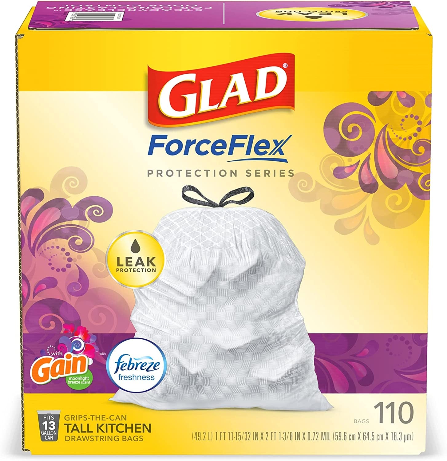 Trash & Food Storage Forceflex Protection Series Tall Trash Bags, 13 Gal, Gain Moonlight Breeze with Febreze, 110 Ct (Package May Vary)