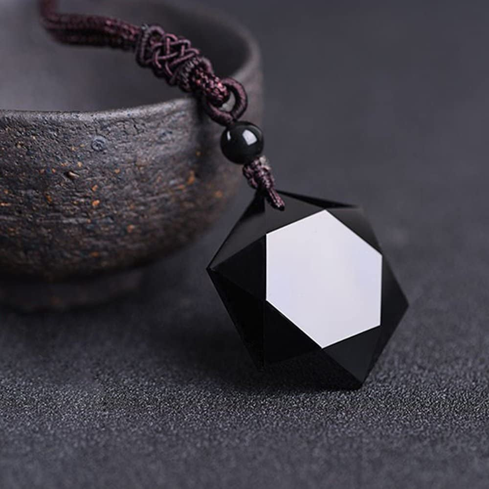 Black Obsidian Hexagram Natural Stone Necklace Translucent Ice Obsidian Wolf Tooth Amulet His and Hers Couples Necklace Lucky Love Pendant Necklace for Men Women