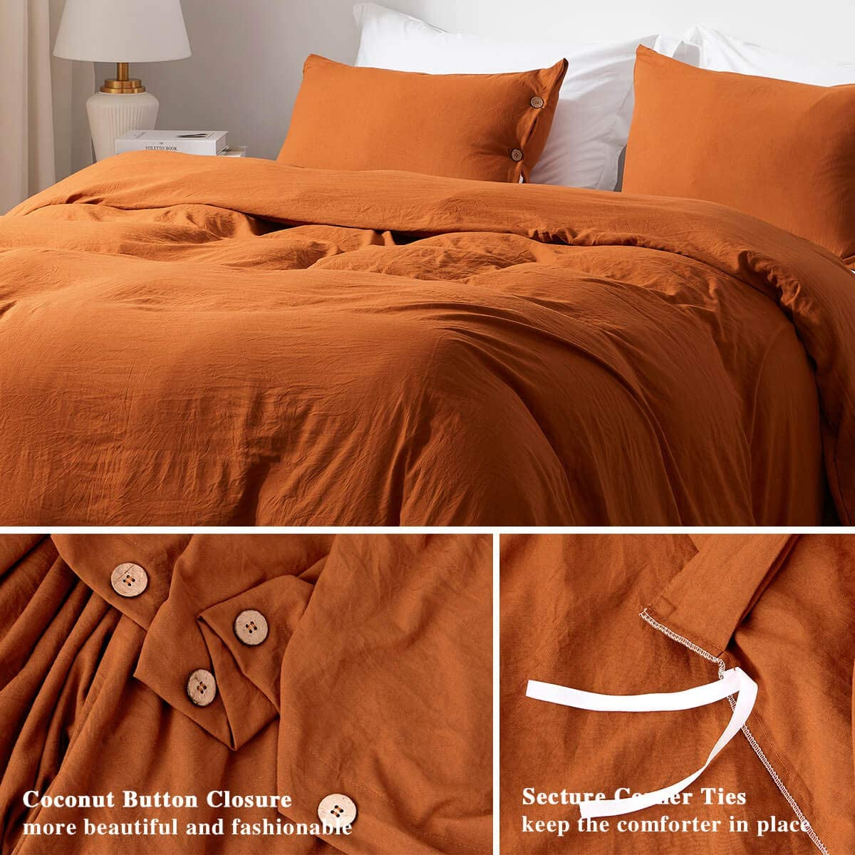 Queen Size Duvet Cover Set with Buttons Closure Umber 100% Microfiber, 3 Pieces Solid Color Ultra Soft Skin-Friendly Comforter Cover Set (1 Duvet Cover +2 Pillowcases)