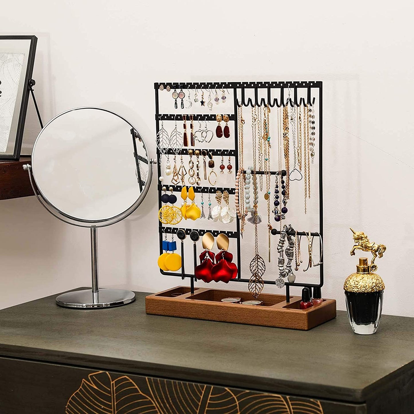 X-Cosrack Earring Holder,5-Tier Ear Stud Holder with Wooden Tray,Jewelry Organizer Holder for Earrings Necklaces Bracelets Watches and Rings,Earring Display Stand with 132 Holes,Black