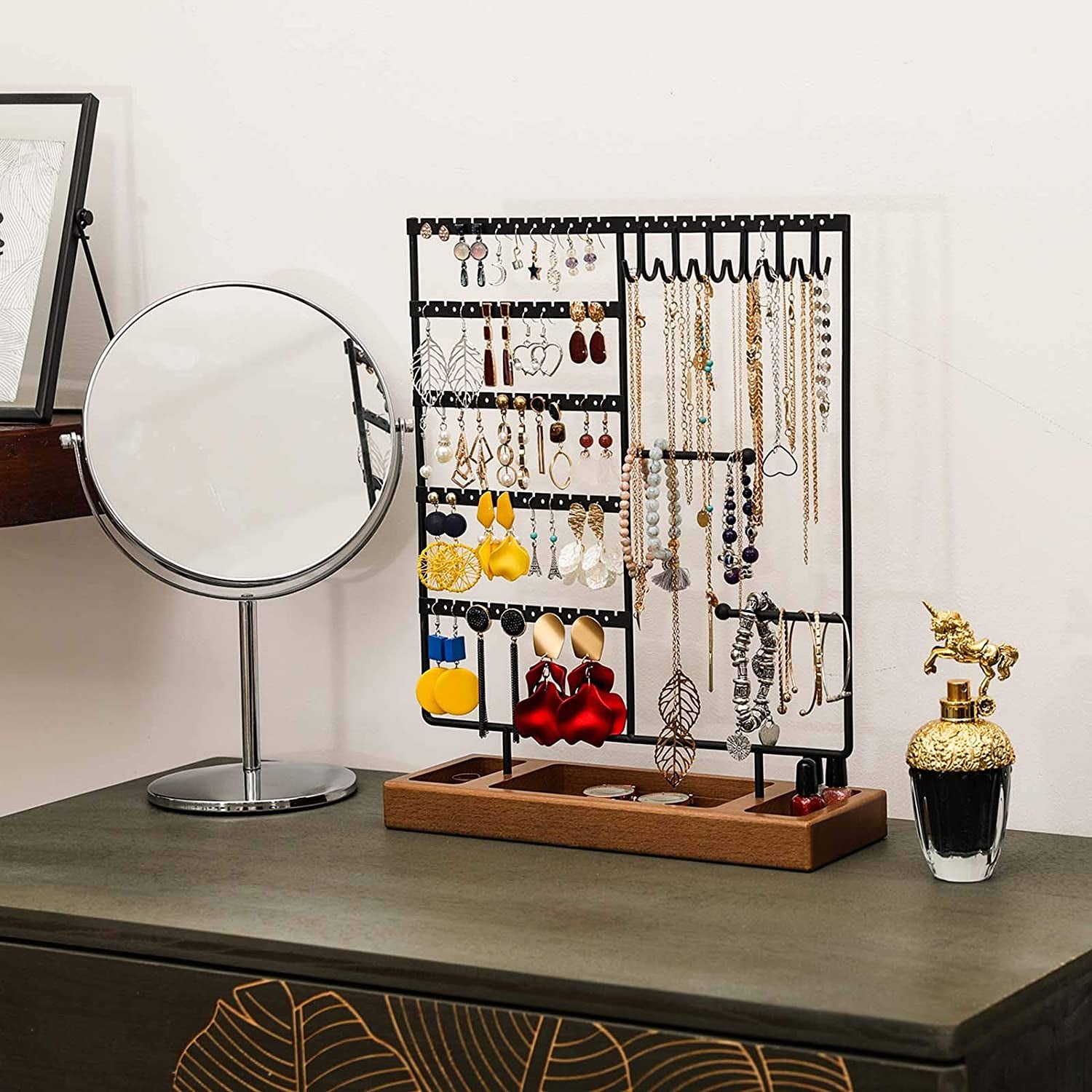 X-Cosrack Earring Holder,5-Tier Ear Stud Holder with Wooden Tray,Jewelry Organizer Holder for Earrings Necklaces Bracelets Watches and Rings,Earring Display Stand with 132 Holes,Black