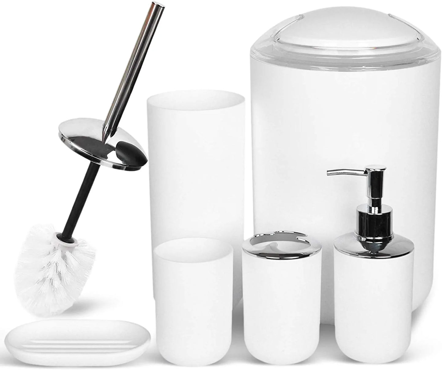 Bathroom Accessories Set Bath Ensemble Includes Soap Dispenser, Toothbrush Holder, Tumbler, Soap Dish for Decorative Countertop and Housewarming Gift ,Snow White