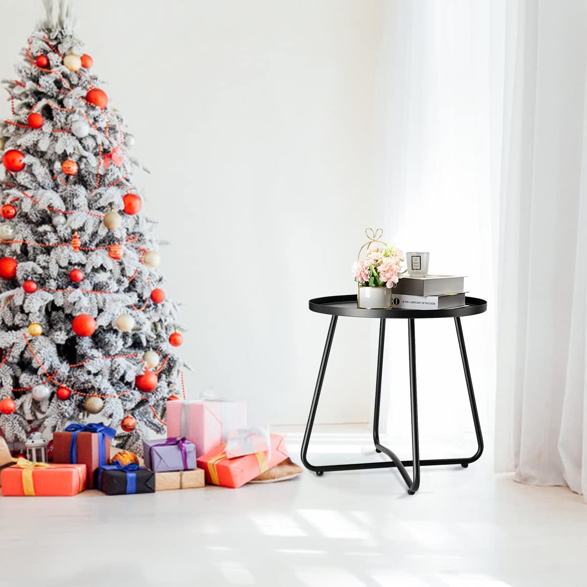 Outdoor Side Tables, Weather Resistant Steel Patio Side Table, Small round Outdoor End Table Metal Side Table for Patio Yard Balcony Garden Bedside Black