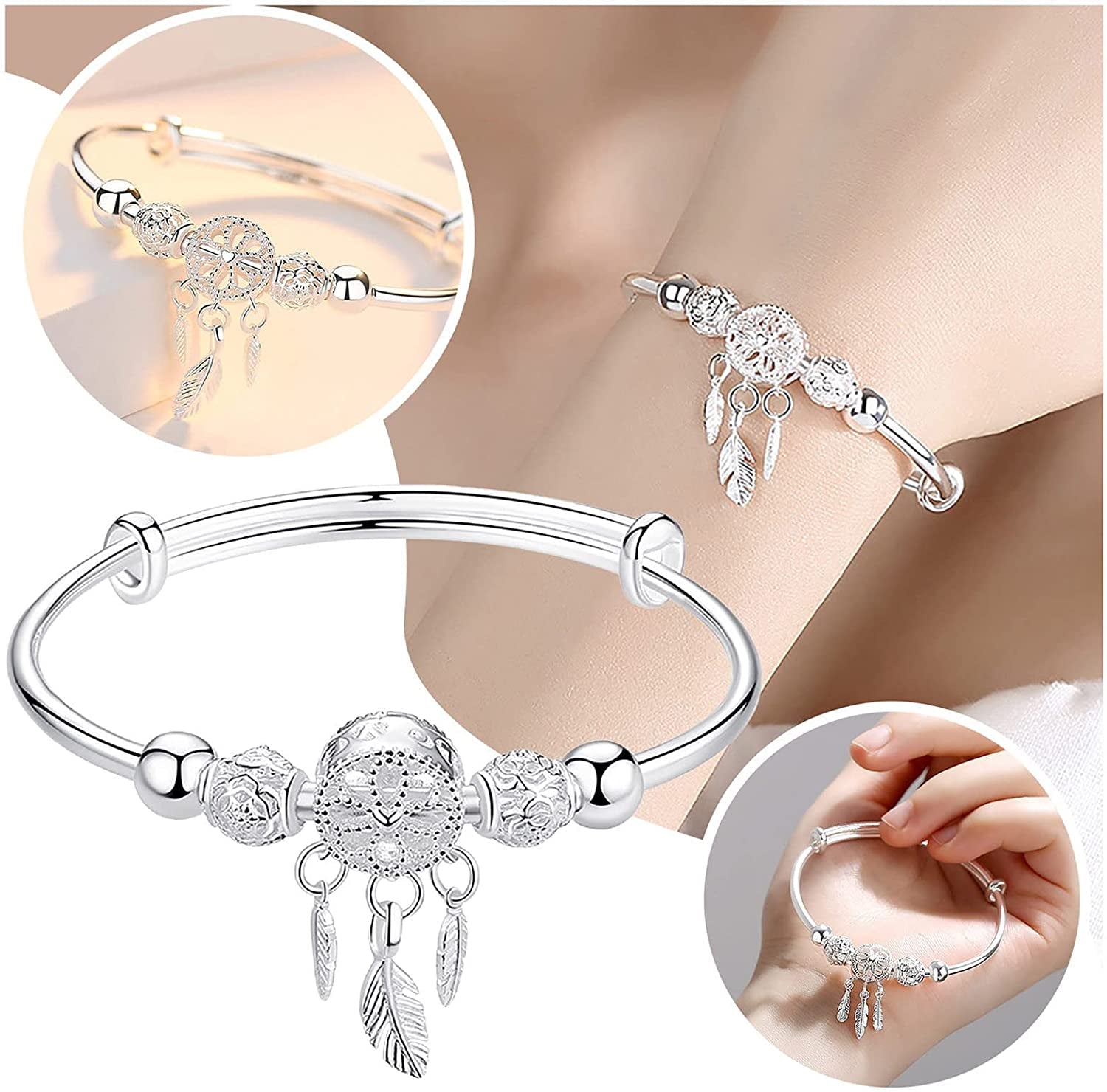 Silver Dream Catcher Tassel Feather Charm Bracelet Bangle Adjustable Mother'S Day Jewelry Gift Birthday Christmas Gifts for Women Mom Wife Girls