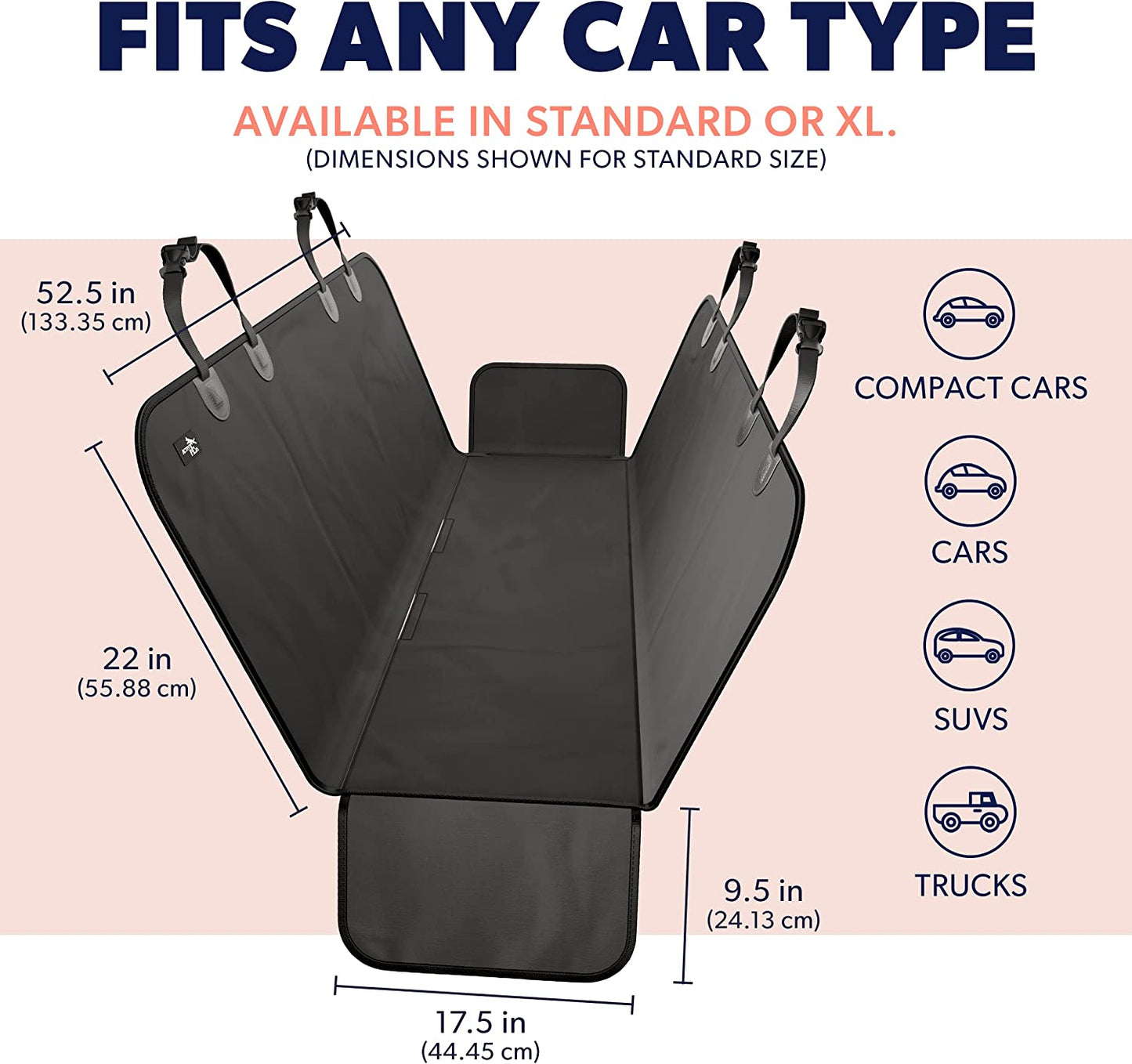 Car Seat Cover for Dogs - Standard Waterproof Dog Seat Cover for Back Seat in SUV or Truck - Convertible Pet Hammock & Trunk Protector for Travel - Black