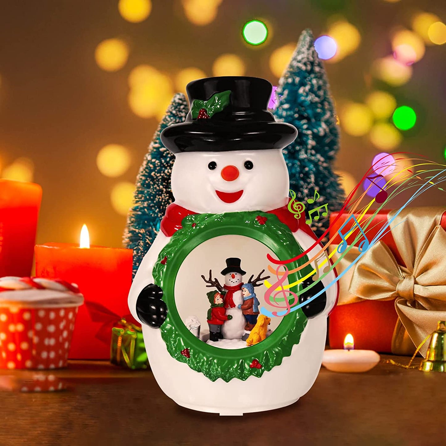 Christmas Snowman Night Light for Kids with the inside Rotating Design, USB & Battery Operated Snowman Table Lamp with Music for Table Bedroom Holiday Celebration Christmas Decoration