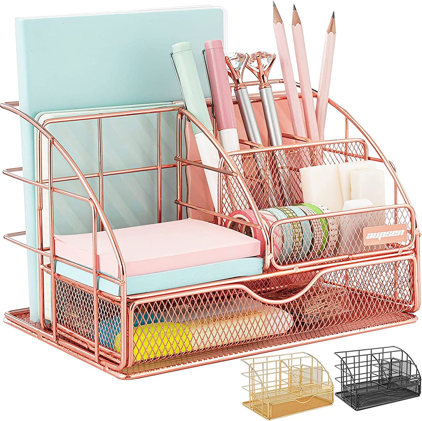 Desk Organizers and Accessories - Upgraded Desktop Organizer for Woman, Features 6 Compartments + 1 Large Sliding Drawer (Rose Gold)