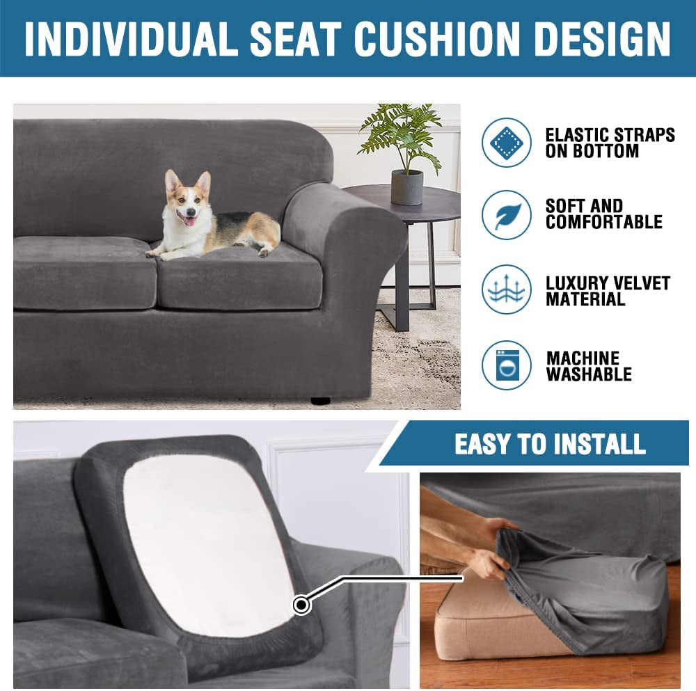 Modern Velvet Plush 4 Piece High Stretch Sofa Slipcover Sofa Cover Furniture Protector Form Fit Luxury Thick Velvet Sofa Cover for 3 Cushion Couch, Machine Washable (Sofa,Gray)