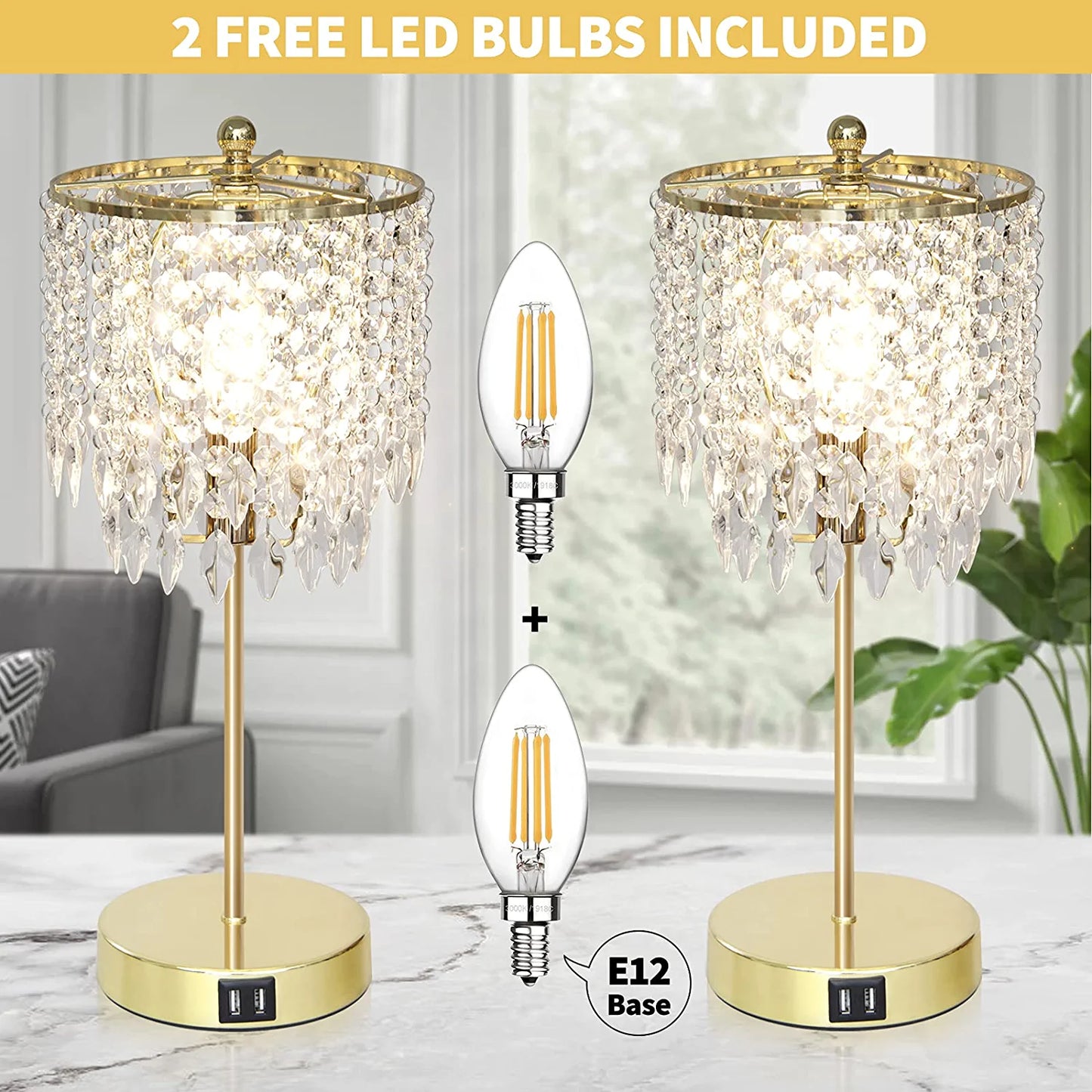 Crystal Table Lamp Set of 2, 3-Way Dimmable Nightstand Lamp with 2 USB Charging Ports, Gold Bedside Lamp for Bedroom, Touch Small Lamp with Elegant Shade for Living Room, B11 LED Bulb Included