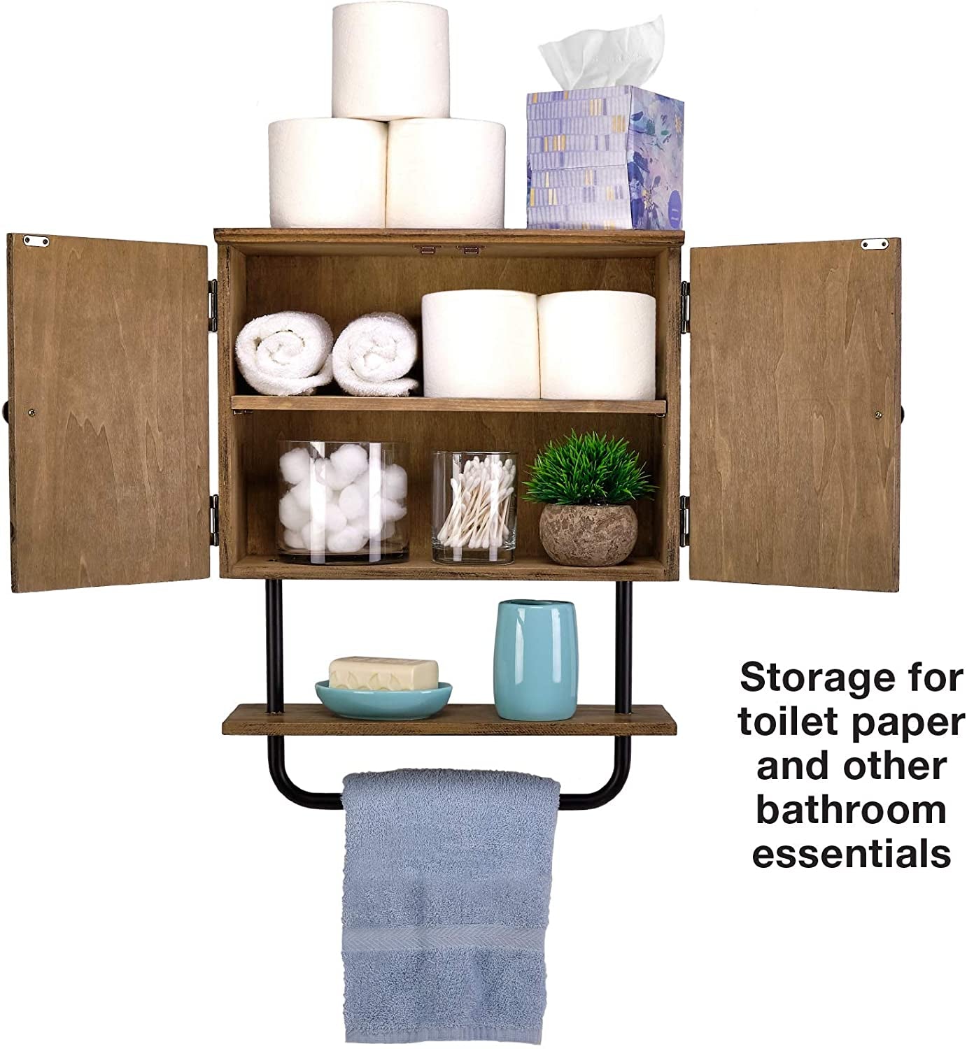 17X21'' Barndoor Bathroom Wall Cabinet, Space Saver Storage Cabinet Kitchen Medicine Cabinet with Adjustable Shelf and Towel Bar, Brown