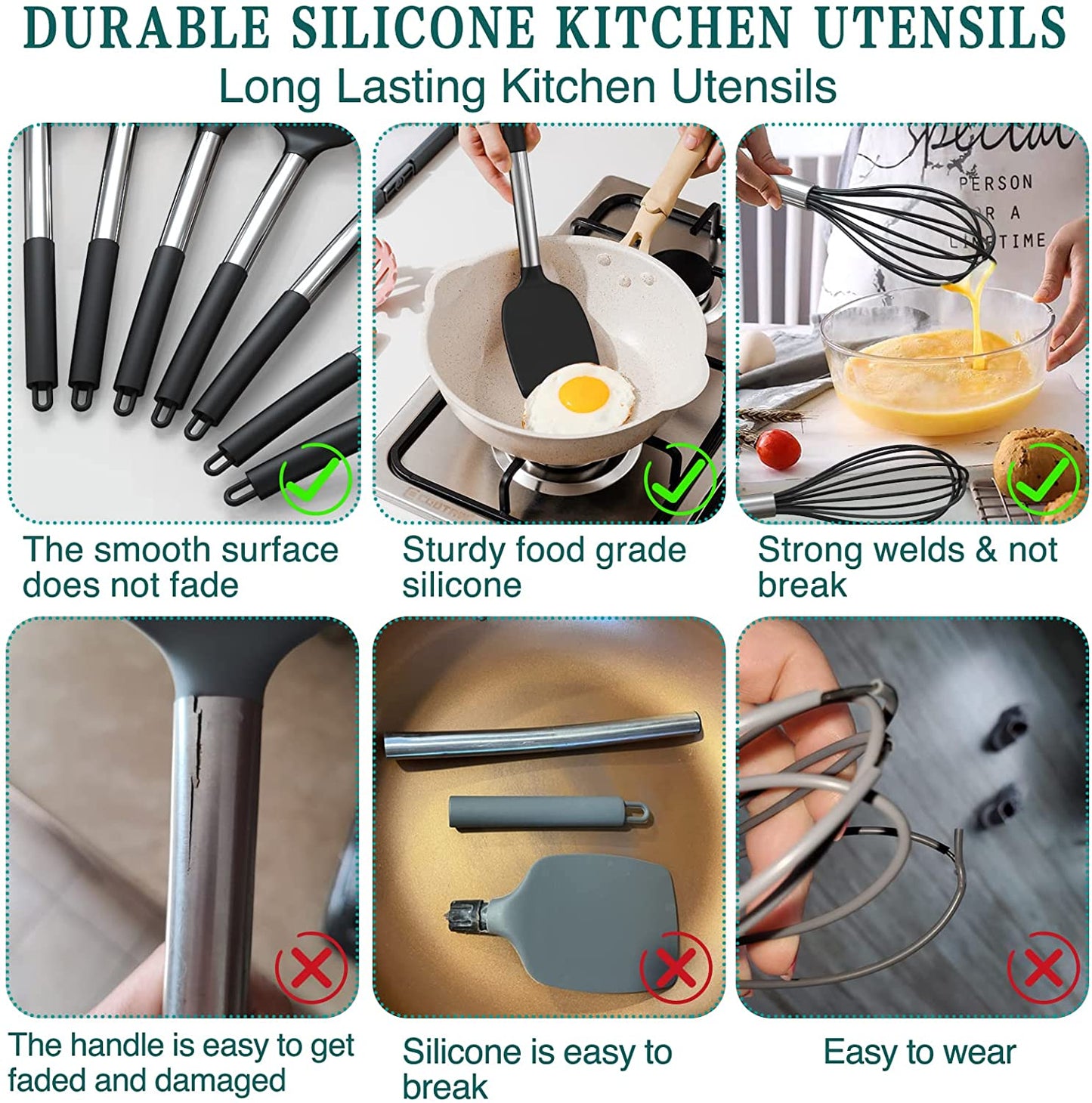 Silicone Cooking Utensil Set,  15Pcs Silicone Cooking Kitchen Utensils Set, Non-Stic - Best Kitchen Cookware with Stainless Steel Handle - Black