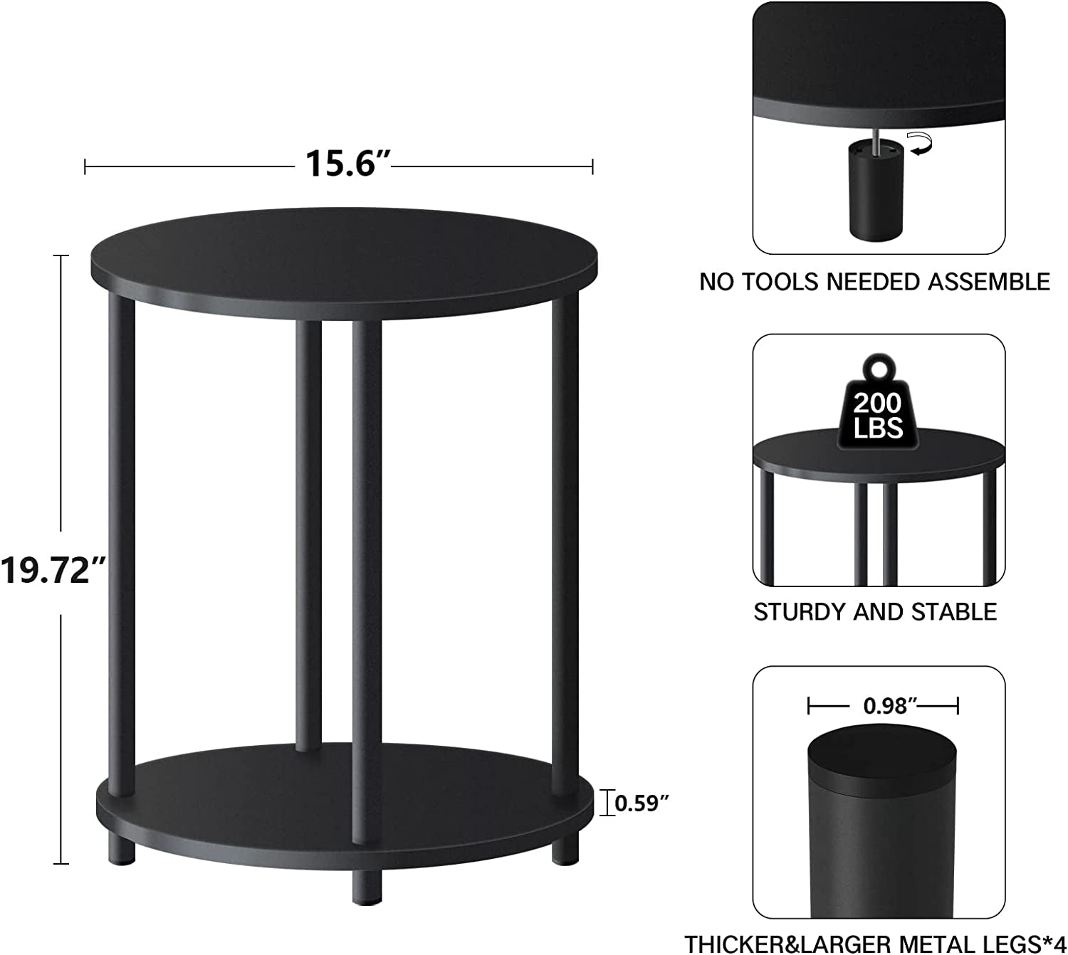 Small round Side Table, 2 Tier Black Wooden End Table/Bed Side Table/Nightstand for Living Room/Bedroom/Small Space,15.6"(D)*19.72"(H),Metal Legs