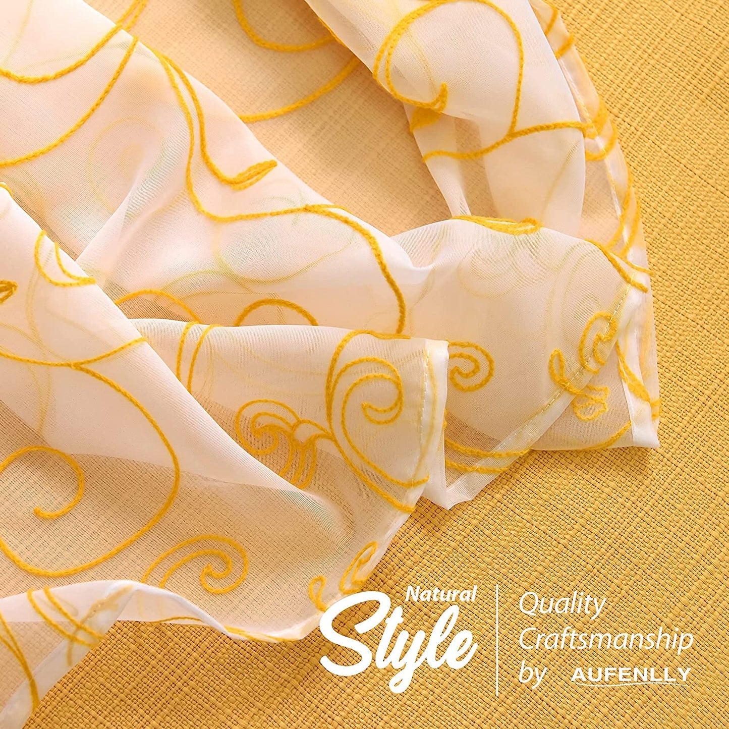 2 Embroidery Floral Semi Sheer Curtains and 2 Burlap Privacy Curtains for Windows 4 Panel Curtains Set Yellow Curtains for Living Room Curtains 84 Inches Long (Cornsilk, W27.5Xl84 Inch Each)