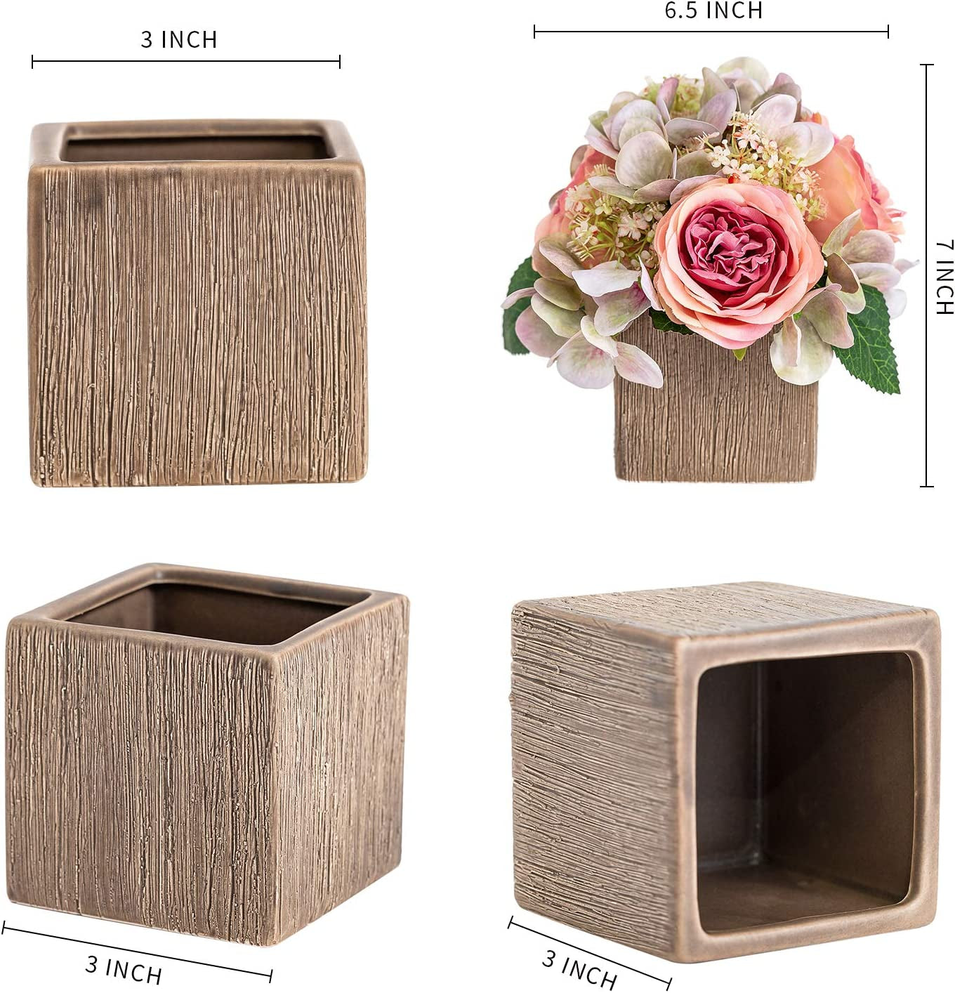 Queen BEE Artificial Silk Flowers in Vase. Fake Pink Roses 3 Heads and Hydrangeas with Ceramic Vase for Home, Wedding, Bathroom Decor. Nightstand Decoration. Home Accent, Small 7" (Pink Rose)