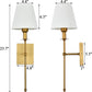 Slim Wall Sconces Set of 2 White Fabric Shade Wall Sconce Hardwired Indoor Wall Light Column Stand Bedroom Wall Lamp Bathroom Vanity Light Fixture, Antique Brass