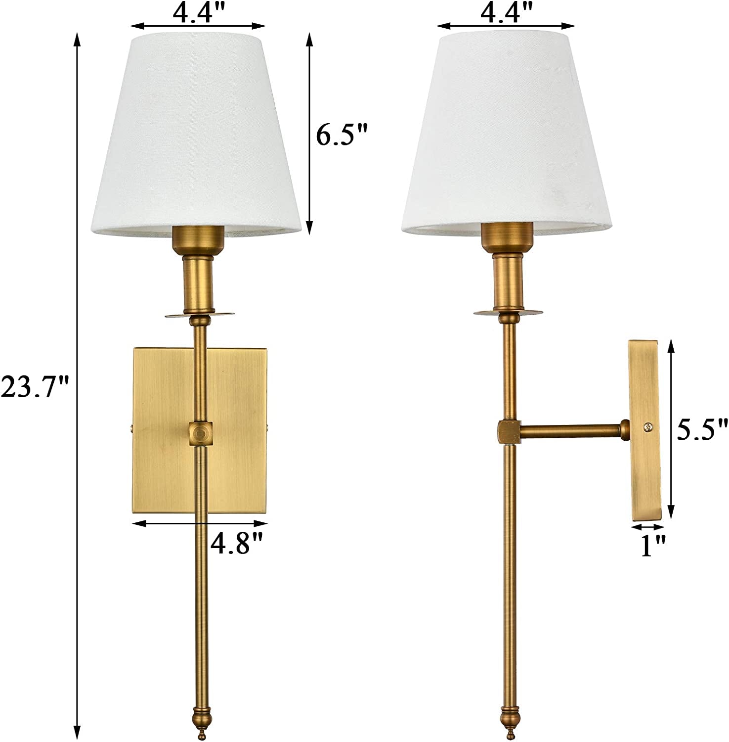 Slim Wall Sconces Set of 2 White Fabric Shade Wall Sconce Hardwired Indoor Wall Light Column Stand Bedroom Wall Lamp Bathroom Vanity Light Fixture, Antique Brass