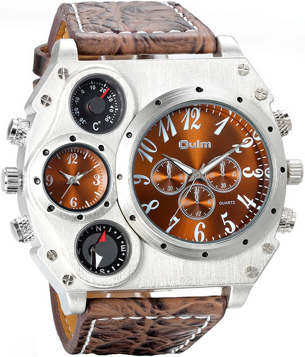 Mens Big Face Watch, Dual Time Zone Leather Strap Sport Watch, Analog Quartz Wrist Watch with Decorative Compass Thermometer Dial