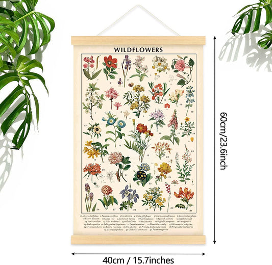 Vintage Wildflowers Poster Botanical Wall Art Prints Colorful Rustic Style of Floral Wall Hanging Illustrative Reference Flower Chart Poster for Living Room Office Bedroom Decor Frame 15.7 X 23.6 Inch
