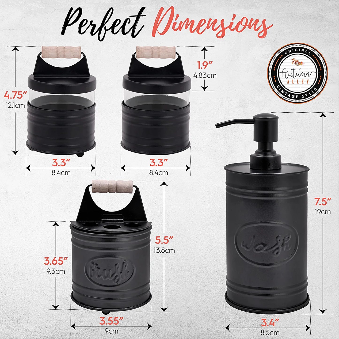 Autumn Alley Rustic Farmhouse Black Bathroom Accessories Set (4 PCS) - Lotion Soap Dispenser, Toothbrush Holder, 2 Apothecary Jars (Qtip Holder) - Rustic Farmhouse Bathroom Decor