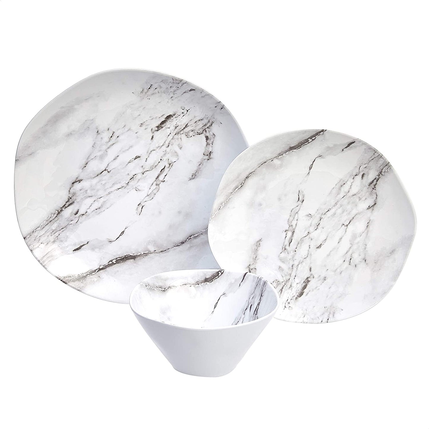 Melamine Dinnerware Set, Service for 4, White Marble - Set of 12