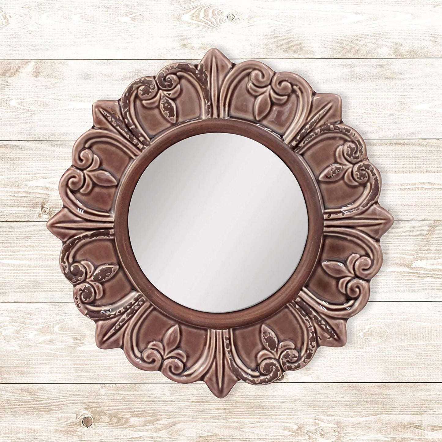 Decorative 9" Warm Taupe round Ceramic Accent Wall Mirror