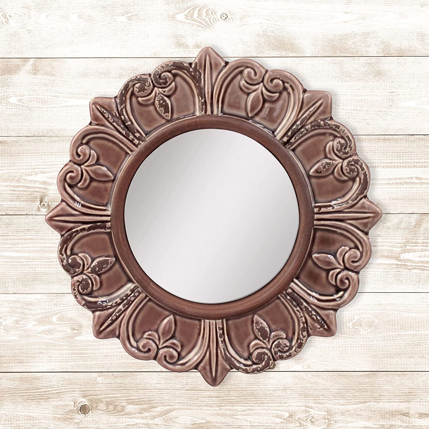 Decorative 9" Warm Taupe round Ceramic Accent Wall Mirror