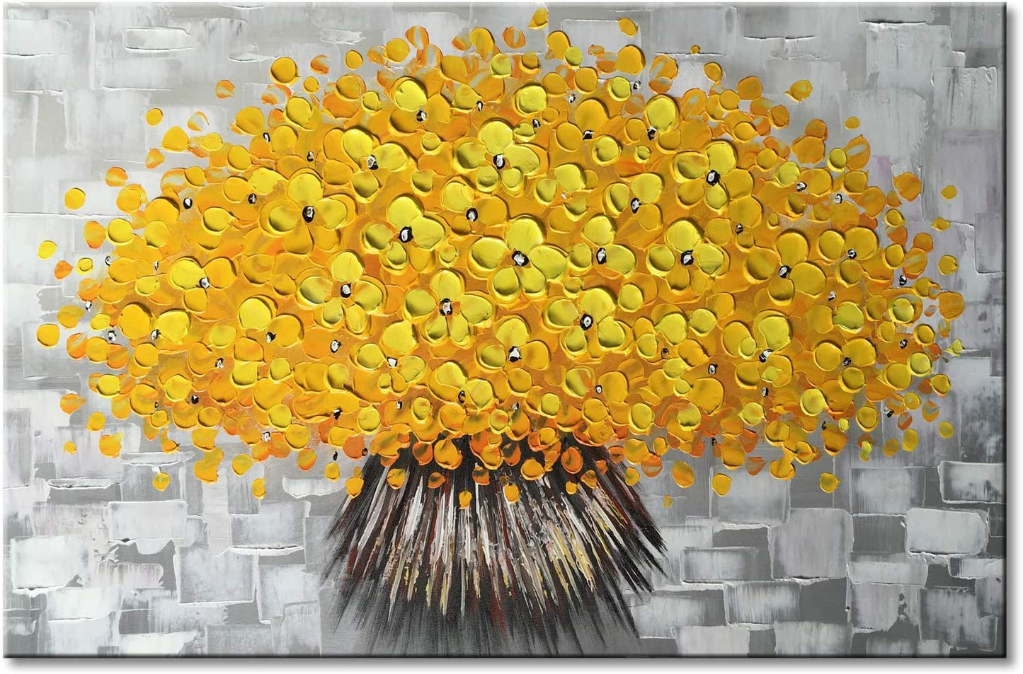 Handmade Yellow Flower Wall Art on Canvas One Piece Painting Gray Modern Abstract Artwork