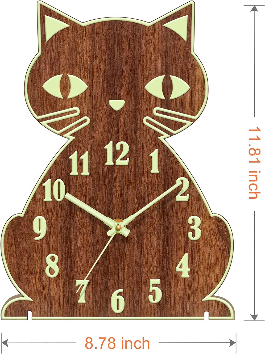 Night Light Wall Clock - Cat Wall Clocks Glow in Dark, Silent Non-Ticking Wood Clocks Battery Operated, Rustic Farmhouse Modern Clock Decorative for Kitchen Living Room Bedroom (12 Inch)