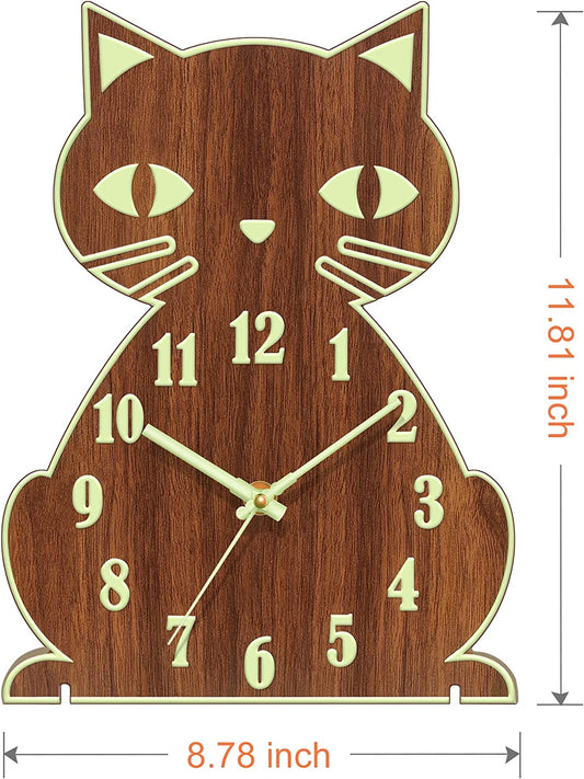 Night Light Wall Clock - Cat Wall Clocks Glow in Dark, Silent Non-Ticking Wood Clocks Battery Operated, Rustic Farmhouse Modern Clock Decorative for Kitchen Living Room Bedroom (12 Inch)