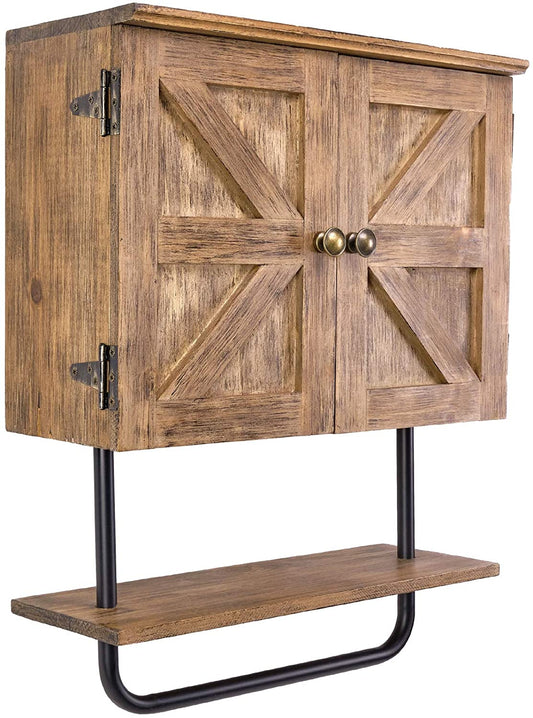 17X21'' Barndoor Bathroom Wall Cabinet, Space Saver Storage Cabinet Kitchen Medicine Cabinet with Adjustable Shelf and Towel Bar, Brown
