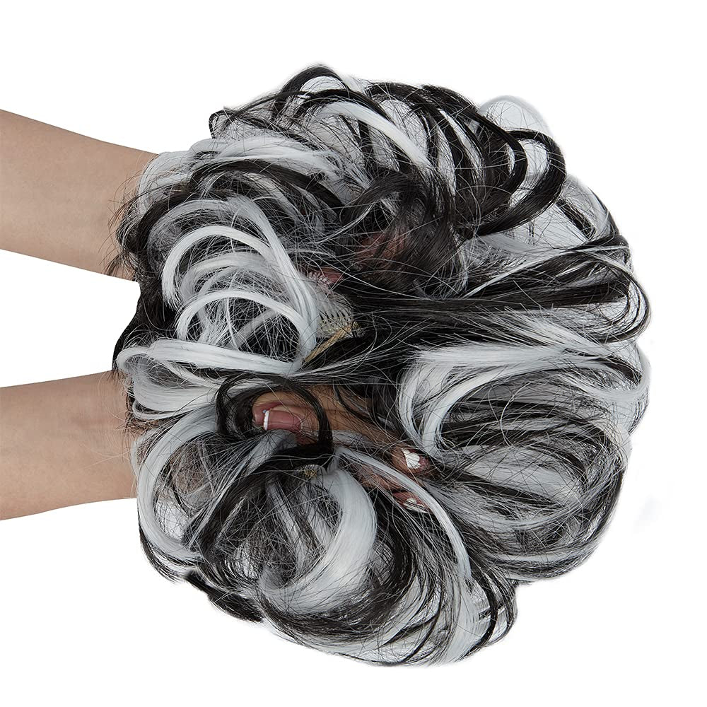 Hair Bun Extensions Messy Curly Hair Scrunchies Hairpieces Synthetic Donut Updo Hair Pieces for Women Girls 1PCS Natural Black Mix White