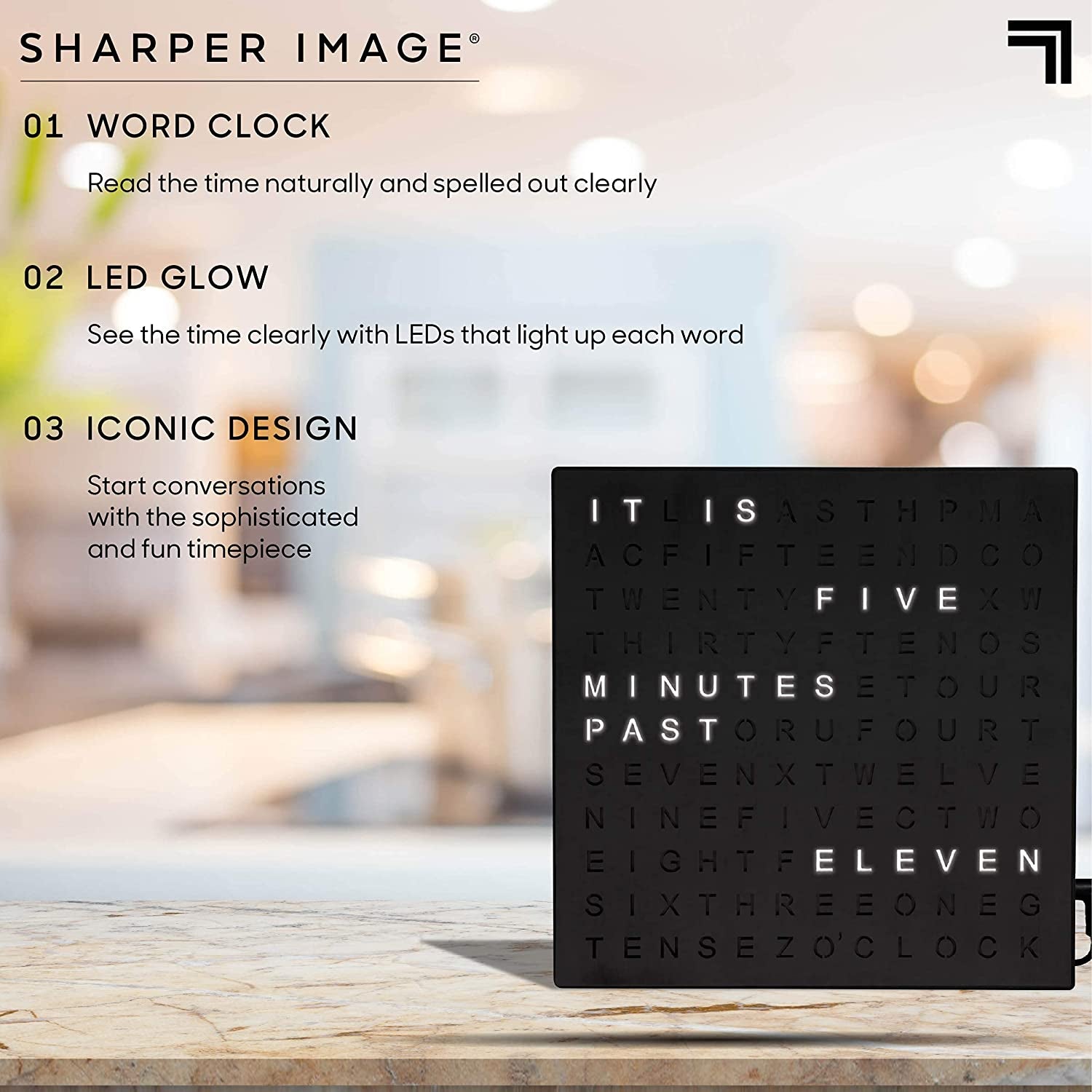 SHARPER IMAGE Light up Electronic Plug-In Word Clock, Black Finish with LED Light Display, USB Cord and Power Adapter, Unique Contemporary Home and Office Décor, Accent Desk Clock