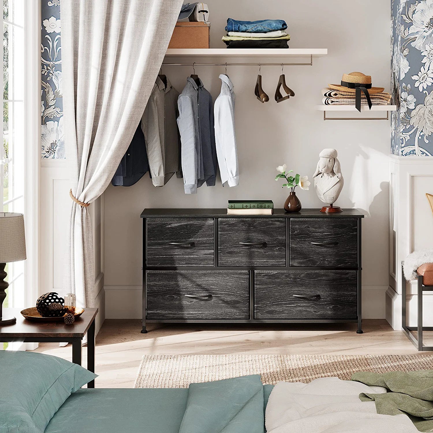 Dresser for Bedroom with 5 Drawers, Wide Chest of Drawers, Fabric Dresser, Storage Organizer Unit with Fabric Bins for Closet, Living Room, Hallway, Nursery, Charcoal Black Wood Grain Print