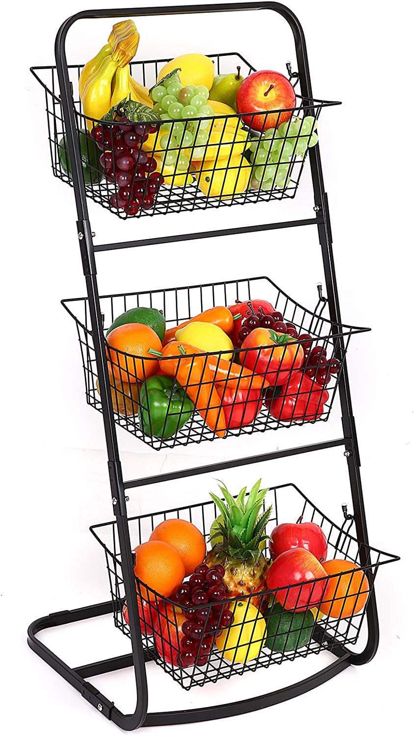 3 Tier Market Basket,Storage Basket Organizer, Fruit Vegetable Produce Metal Hanging Storage Bin for Kitchen,Bathroom Tower Baskets Stand